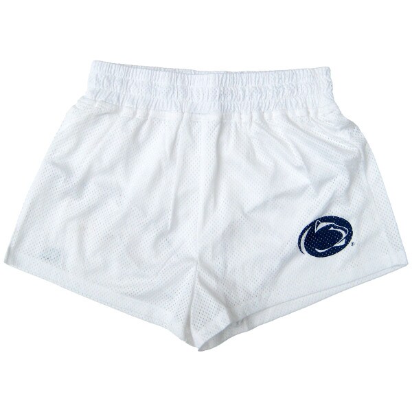 women's white mesh track shorts with Penn State Athletic Logo on left thigh